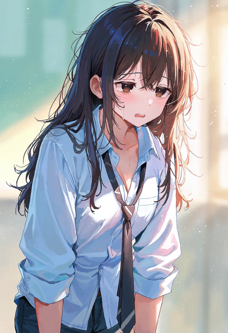 シャツの裾を出してネクタイを解き、猫背で疲れた様子の女性を描いたAIイラスト