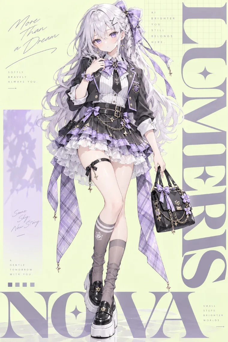 VTuber全身イラスト｜ラベンダーチェックの大きなリボン、チャコールの短丈ブレザー、白シャツ、ティアードミニ、グレーソックスと黒厚底ローファーのVTuber風衣装