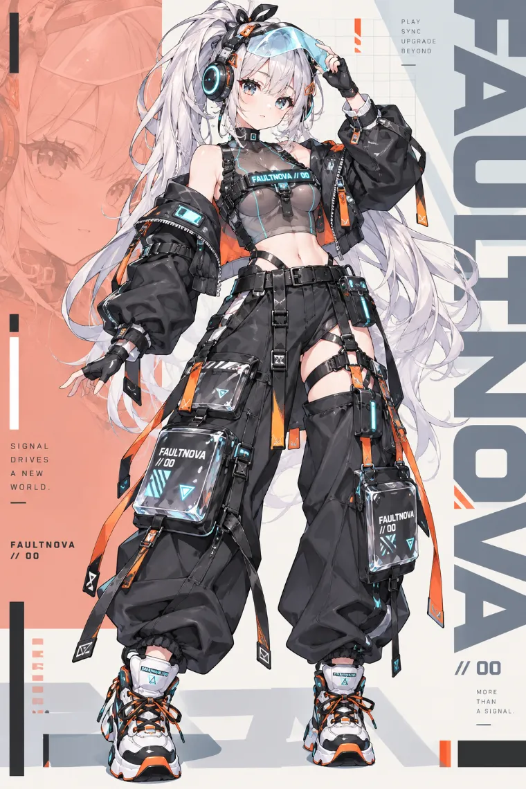 VTuber全身イラスト｜発光ヘッドセットとシアンバイザー、黒のバルーン袖テクニカルジャケット、極太パラシュートカーゴ、ボリュームスニーカーのVTuber風衣装