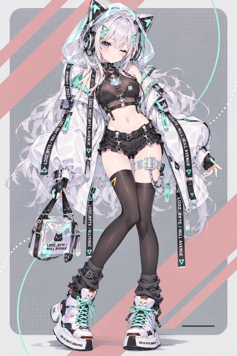 VTuber全身イラスト｜猫耳ヘッドホンと透け感のあるフード、白の大きめフードジャケット、黒シアートップス、フリルショーツ、黒ニーハイと厚底ハイカットのVTuber風衣装