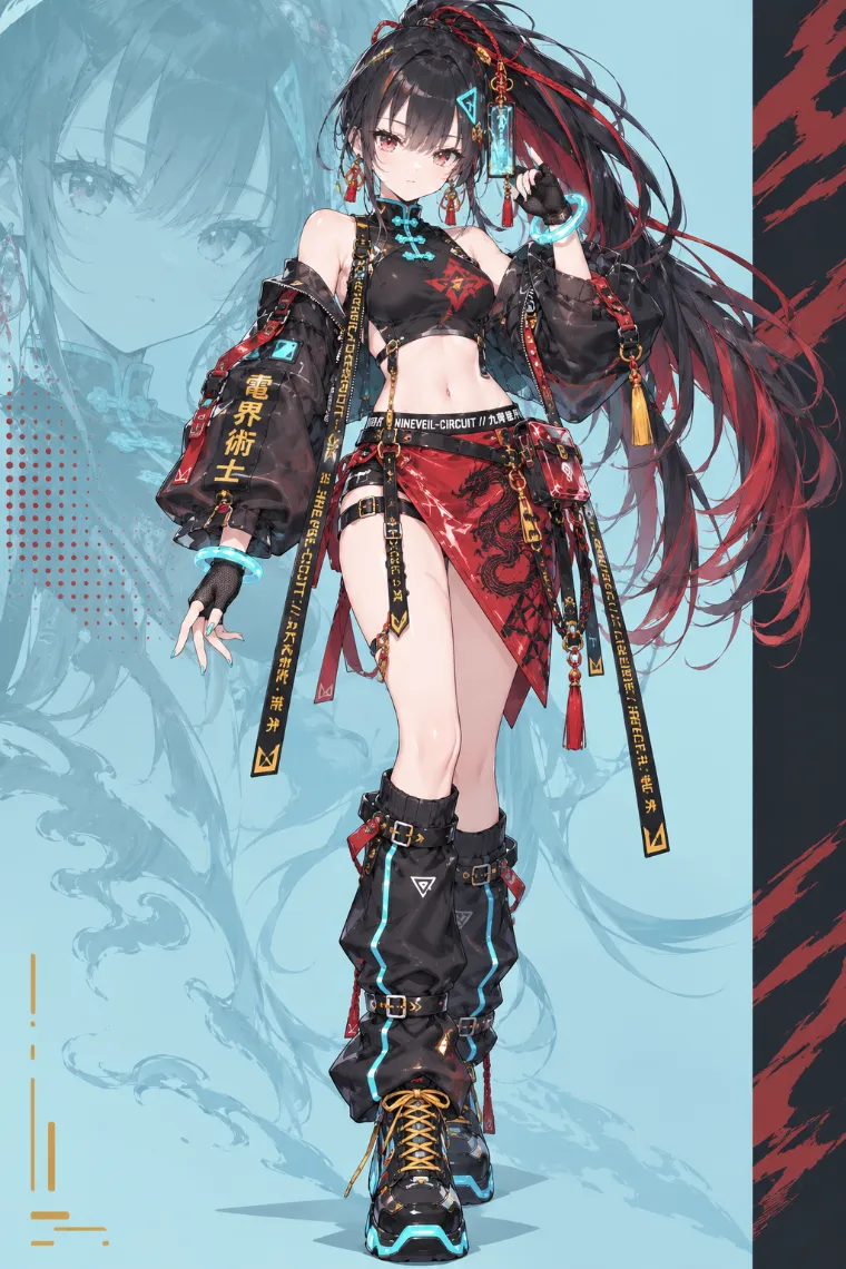 VTuber全身イラスト｜シアンの髪飾り、黒の短丈チャイナトップ、シアーなオフショルジャケット、赤いラップパネル、黒レッグウォーマーと厚底コンバットスニーカーのVTuber風衣装