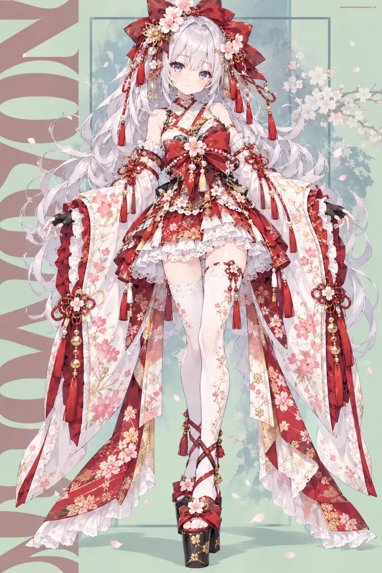 VTuber全身イラスト｜大きな赤リボンと桜の髪飾り、赤・白・ピンク・ゴールドの和ロリータミニドレス、白ニーハイ、赤い厚底サンダルのVTuber風衣装