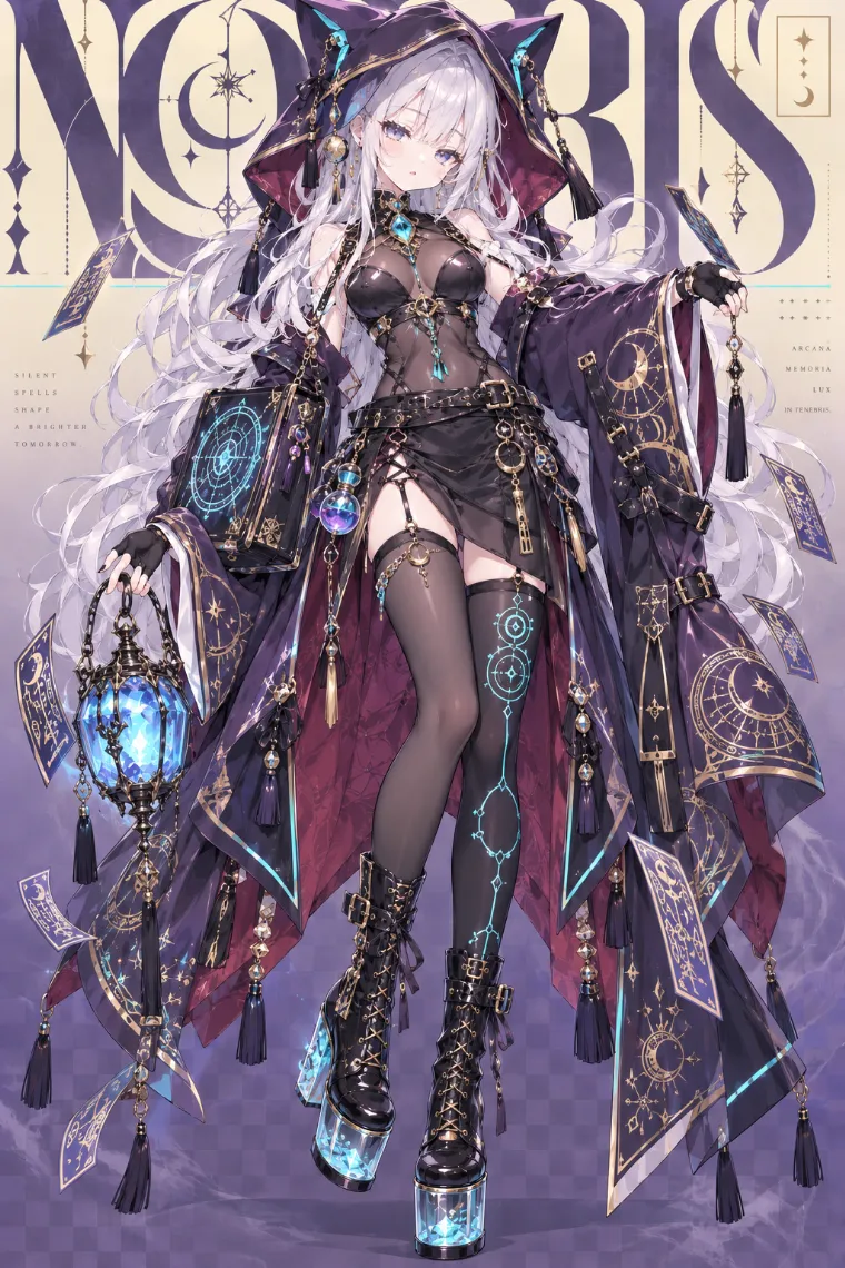 VTuber全身イラスト｜猫耳付きディープバイオレットフード、紫のロングローブ、黒シアーボディスーツ、レザーラップミニ、発光ソールのロング厚底ブーツのVTuber風衣装