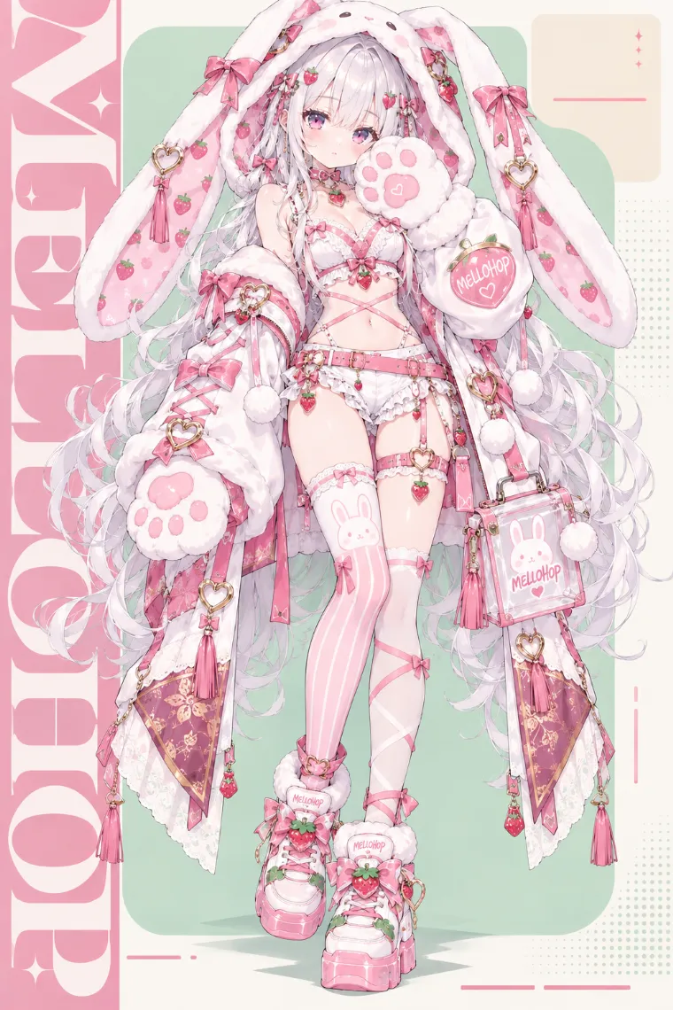 VTuber全身イラスト｜超ロング耳の白ウサギフードと苺の髪飾り、白のパデッドコート、白×ピンクのレーストップス、フリルショーツ、苺飾りの厚底スニーカーのVTuber風衣装