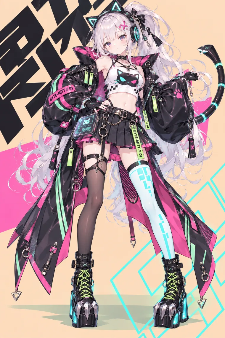 VTuber全身イラスト｜発光する猫耳ヘッドホン、黒のサイバージャケット、猫グラフィックの白い短丈トップス、黒プリーツミニ、爪型の黒厚底シューズのVTuber風衣装