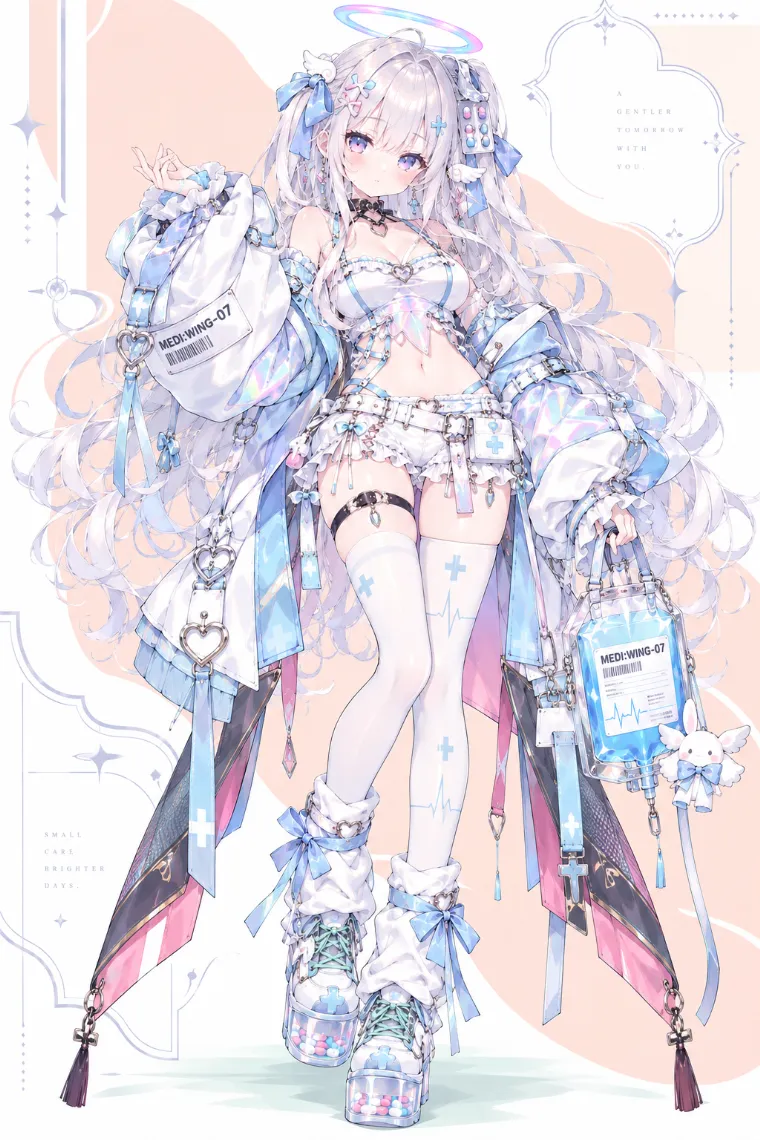 VTuber全身イラスト｜翼と十字の髪飾りと虹色ハロー、水色×白の光沢ジャケット、短丈キャミ、白フリルショーツ、透明ソールの厚底スニーカーのVTuber風衣装