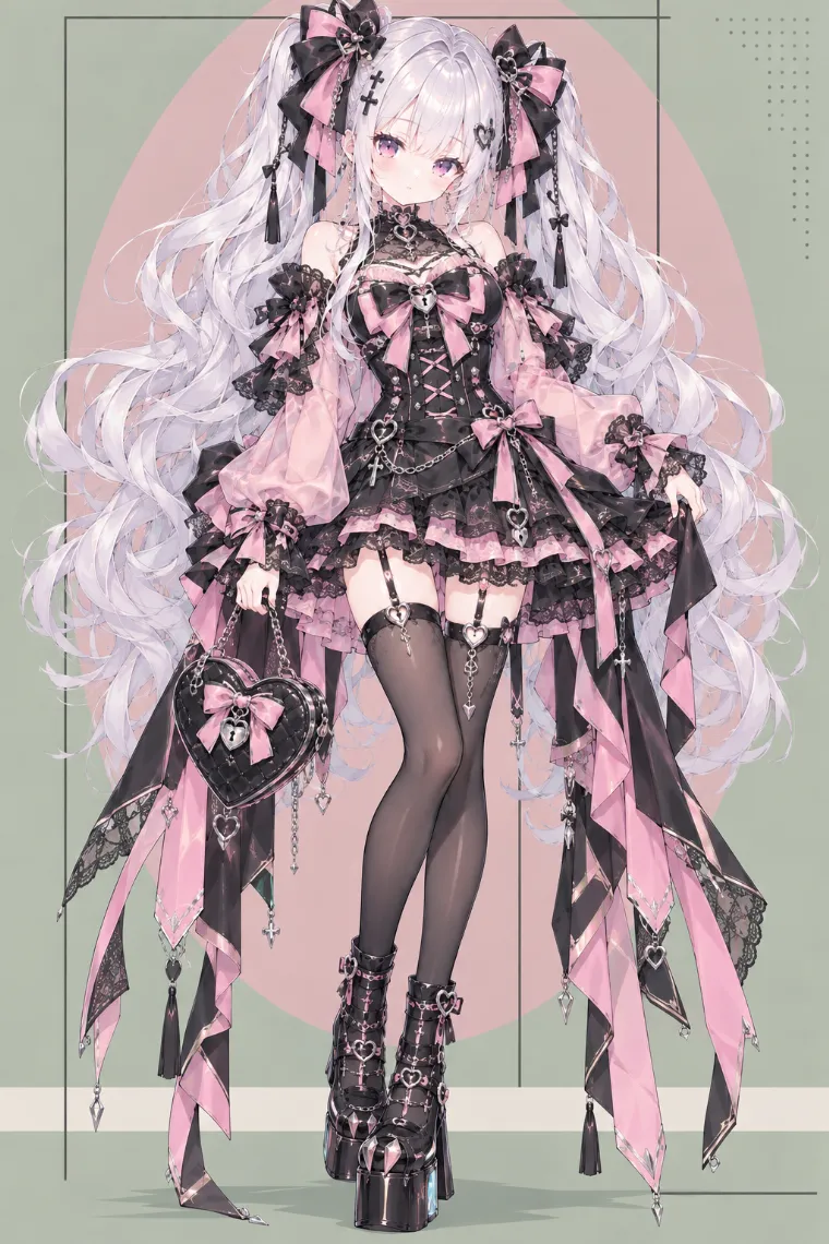VTuber全身イラスト｜黒×くすみピンクの大きなリボン、コルセット風ゴシックロリータミニドレス、黒ニーハイ、ハート金具の厚底メリージェーンのVTuber風衣装