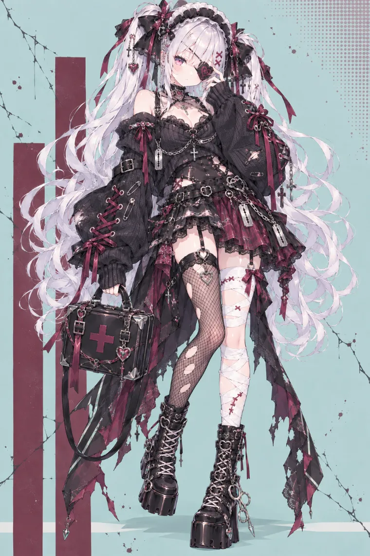 VTuber全身イラスト｜黒レースのヘッドドレスとハート型眼帯、ダメージ感のある黒オフショルニット、左右非対称ミニスカート、破れ網ニーハイと包帯風レッグウェア、厚底コンバットブーツのVTuber風衣装