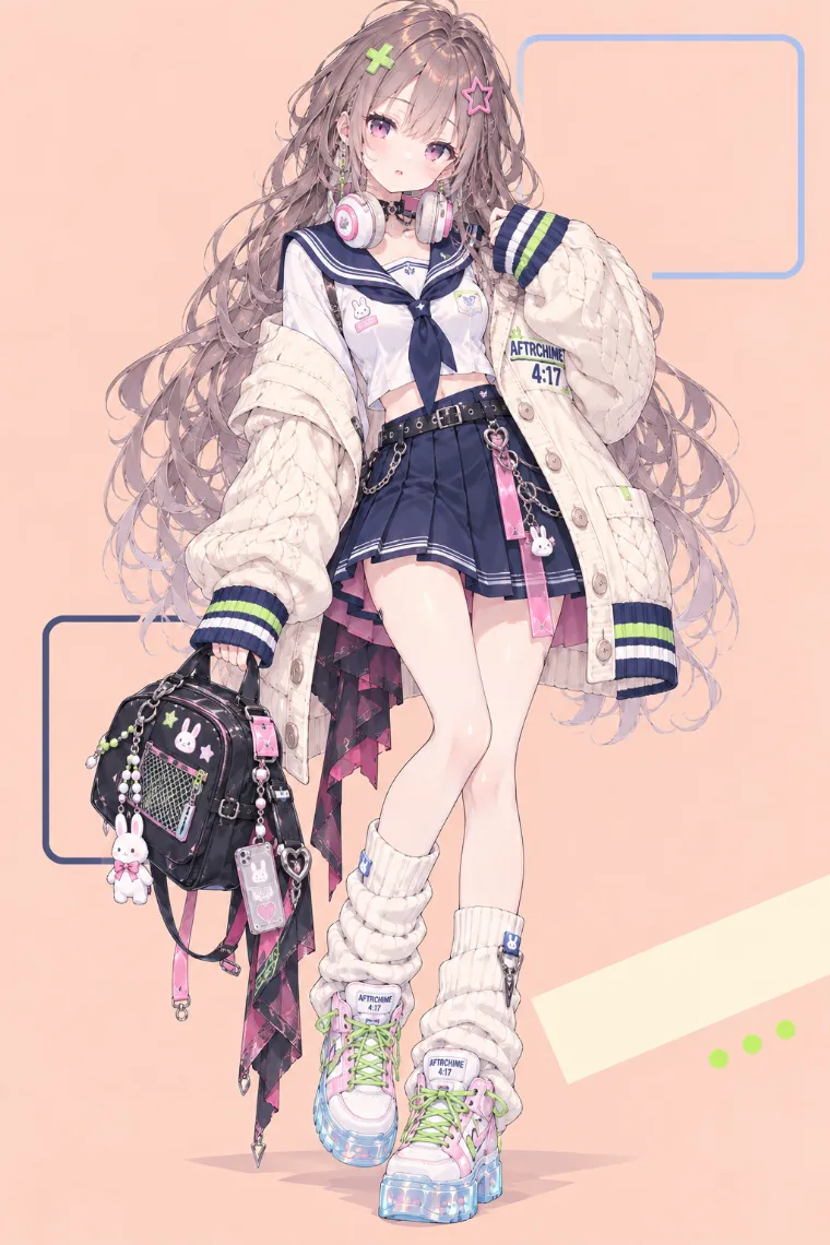 VTuber全身イラスト｜ネオンカラーのヘアクリップと白×ピンクのヘッドホン、クリームのカーディガン、白セーラーブラウス、ネイビープリーツミニ、白の厚底ハイカットのVTuber風衣装