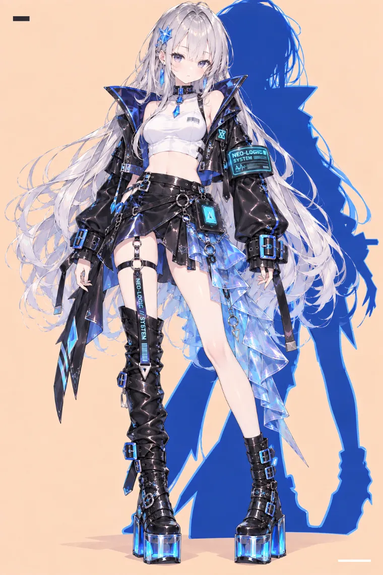 VTuber全身イラスト｜ブルークリスタルの髪飾り、黒の短丈レザージャケット、白ハイネックトップス、ブルーラッフル付き黒ラップミニ、左右丈違いの黒厚底ブーツのVTuber風衣装