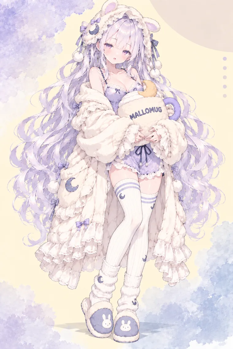 VTuber全身イラスト｜動物耳付きクリームボンネット、クリームのシェルパローブ、ラベンダーのサテンキャミとショートパンツ、ボーダーニーハイ、ボアスリッパのVTuber風衣装