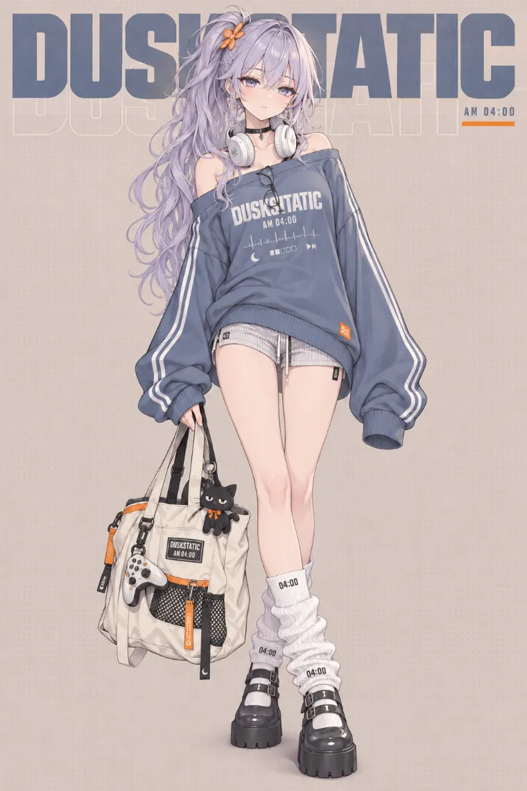 VTuber全身イラスト｜オレンジの花クリップと白ヘッドホン、ブルーグレーの大きなオフショルスウェット、淡グレーのショートパンツ、白レッグウォーマー、厚底メリージェーンのVTuber風衣装