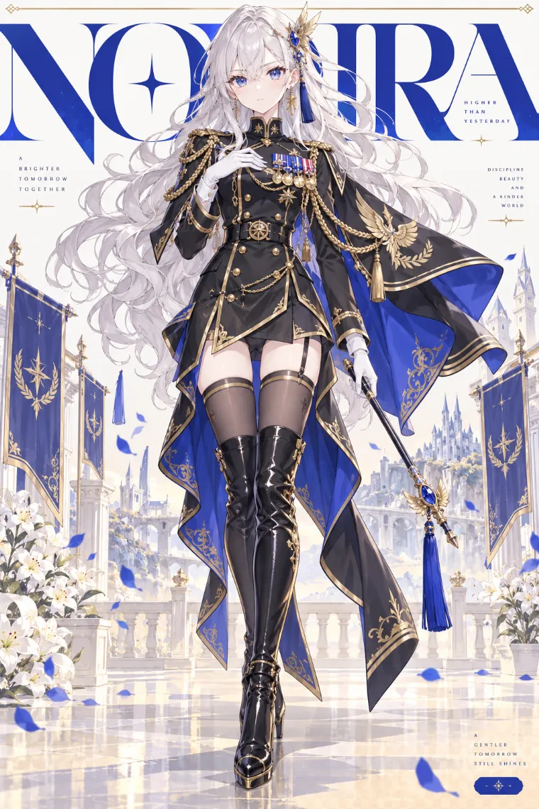 VTuber全身イラスト｜青い宝石付きの翼型髪飾り、黒×ゴールドの儀礼ミリタリー制服、ロイヤルブルーのケープ、黒オーバーニーブーツのVTuber風衣装