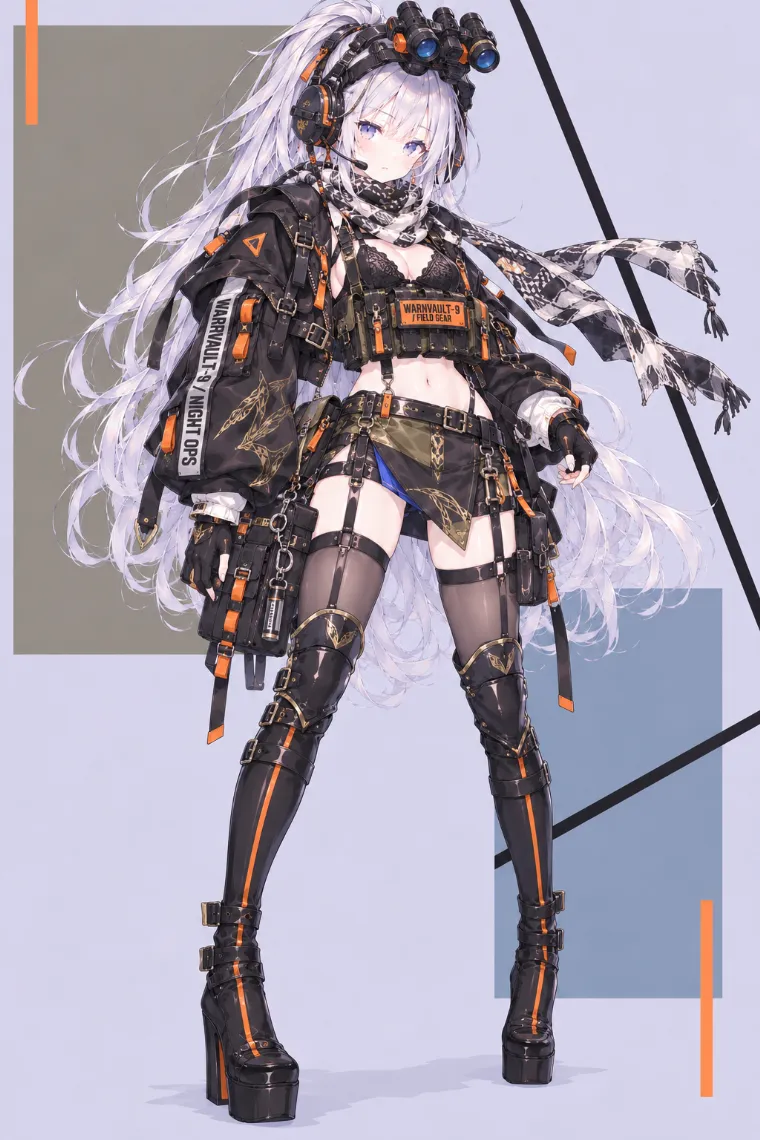 VTuber全身イラスト｜通信ヘッドセットと暗視ゴーグル、黒テクニカルジャケット、レースブラレットとチェストリグ、黒×カーキの装備付きショーツ、ロング厚底ブーツのVTuber風衣装