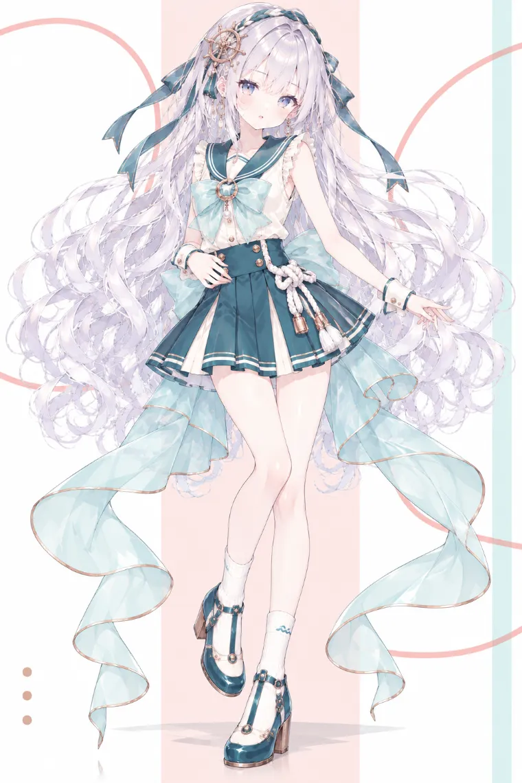 VTuber全身イラスト｜ティールの編みヘッドバンドと船輪飾り、アイボリーのセーラーブラウス、ティールのプリーツミニ、TストラップシューズのVTuber風衣装