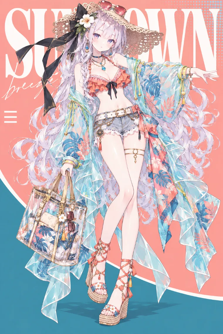 VTuber全身イラスト｜大きなストローハットとサングラス、アクアのシアービーチローブ、コーラルのフリルビキニ、淡いブルーのデニムショーツ、ウェッジサンダルのVTuber風衣装