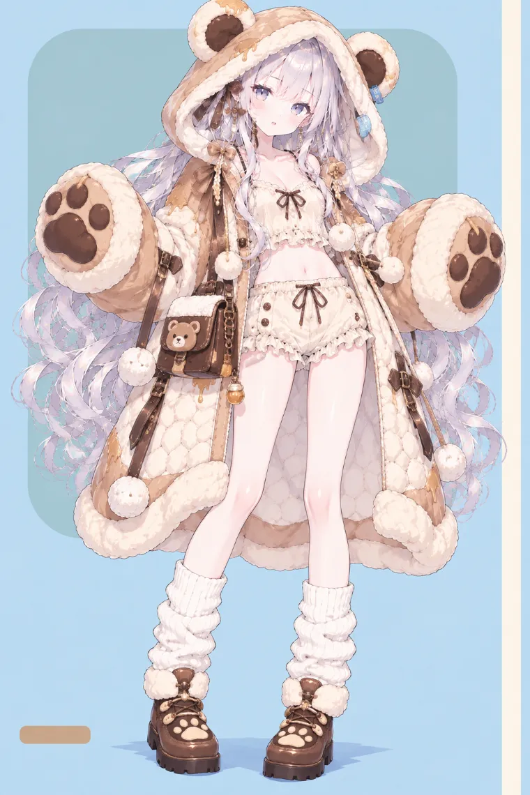 VTuber全身イラスト｜テディベア耳付きフード、クリーム×ハニータンのシェルパコート、クリームのキャミとブルマ風ショーツ、レッグウォーマー、ボア付きアンクルブーツのVTuber風衣装