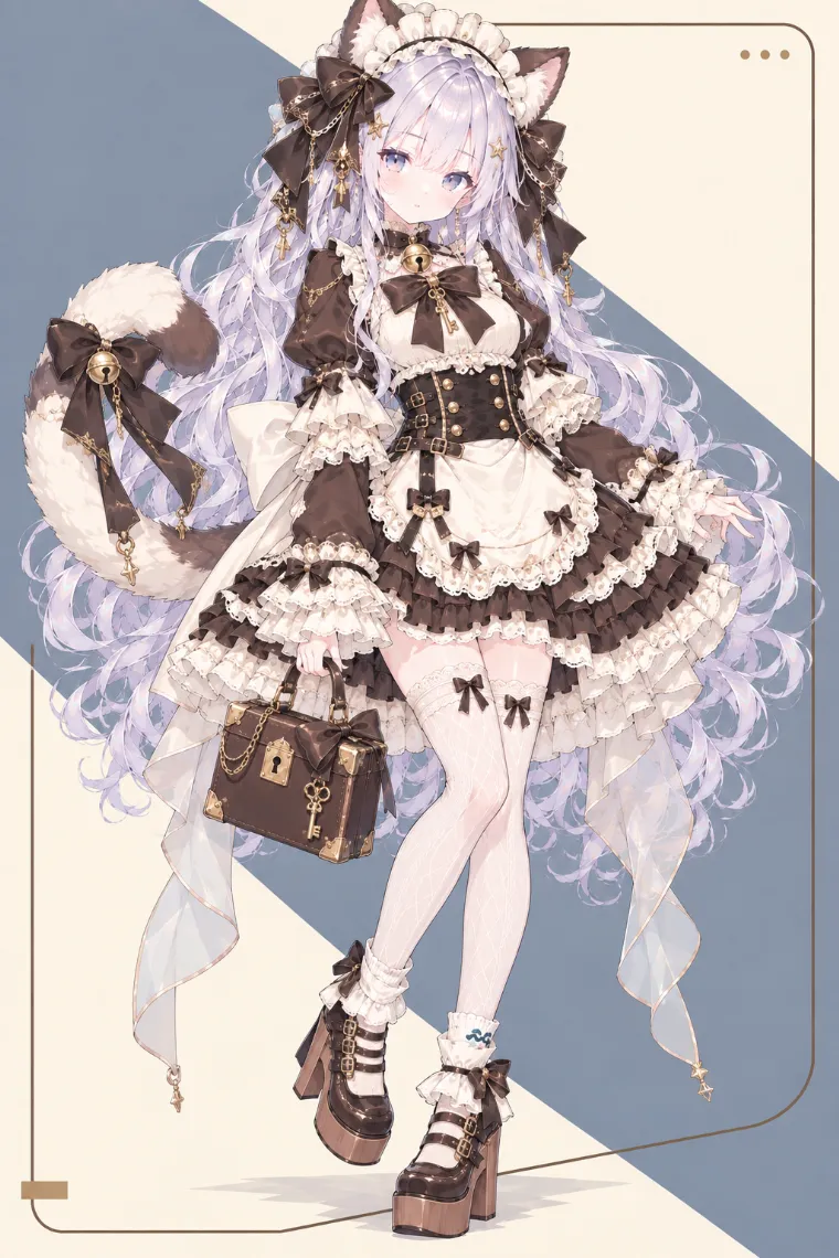 VTuber全身イラスト｜猫耳とフリルのメイドカチューシャ、チョコブラウン×アイボリーの猫メイドロリータドレス、柄ニーハイ、厚底メリージェーンのVTuber風衣装