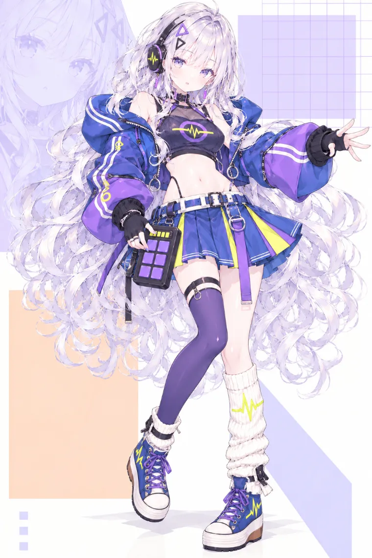 VTuber全身イラスト｜紫のヘアクリップと片耳ヘッドホン、コバルトのフードジャケット、ネイビーのメッシュトップ、カラフルなプリーツテニスミニ、ハイカットスニーカーのVTuber風衣装