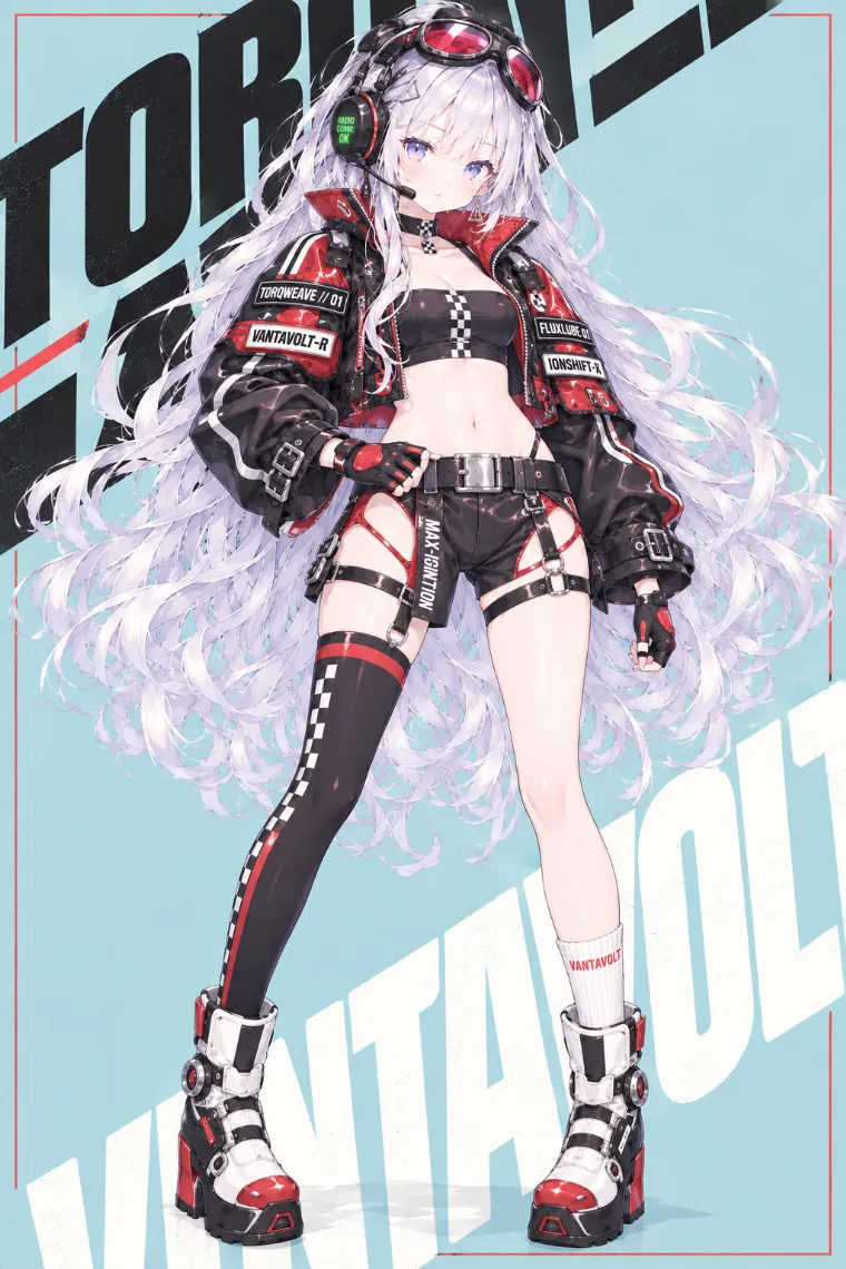 VTuber全身イラスト｜レーシングゴーグルと通信ヘッドセット、黒×赤のレーシングジャケット、チェッカー柄トップス、黒レーシングショーツ、装甲風レーシングブーツのVTuber風衣装