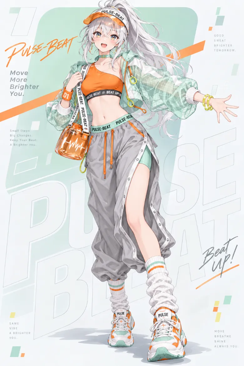VTuber全身イラスト｜透明オレンジのスポーツバイザー、ミントのシアーウインドブレーカー、オレンジのワンショルダートップ、グレーのワイドスウェットパンツ、ランニングシューズのVTuber風衣装