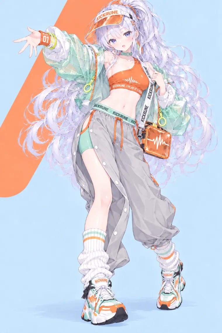 VTuber全身イラスト｜透明オレンジのスポーツバイザー、ミントのシアーウインドブレーカー、オレンジのワンショルダートップ、グレーのワイドスウェットパンツ、ランニングシューズのVTuber風衣装