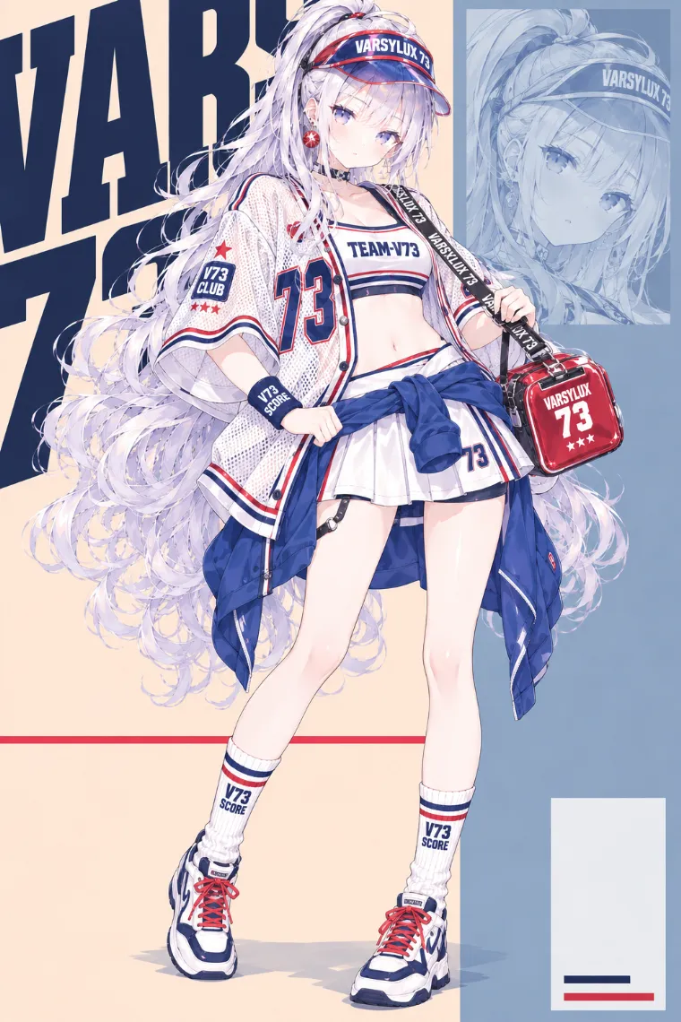 VTuber全身イラスト｜ネイビーのスポーツバイザー、白メッシュのベースボールジャージ、白の短丈トップス、プリーツテニスミニ、白×ネイビーのローカットトレーナーのVTuber風衣装
