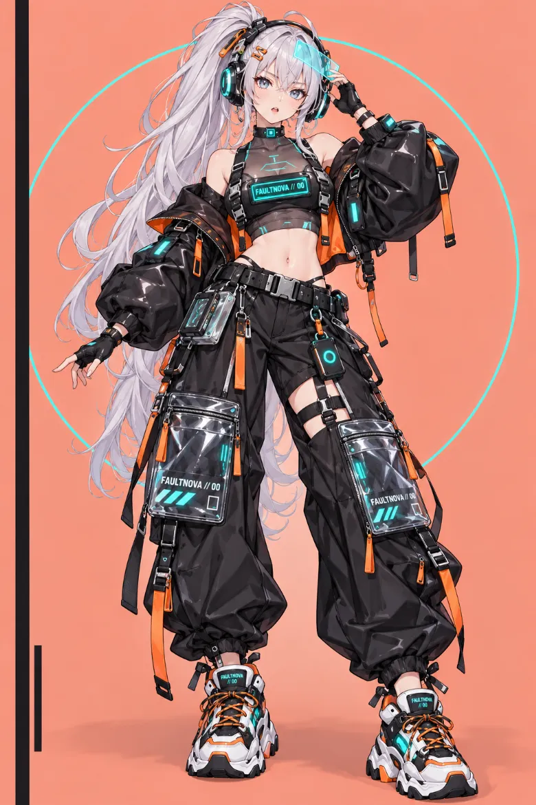 VTuber全身イラスト｜発光ヘッドセットとシアンバイザー、黒のバルーン袖テクニカルジャケット、極太パラシュートカーゴ、ボリュームスニーカーのVTuber風衣装