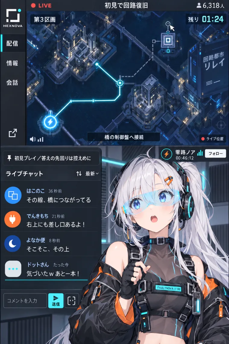 VTuber配信画面風AIイラスト｜黒×シアンのサイバーカーゴ衣装をシンプルにアレンジしたVTuberの配信画面