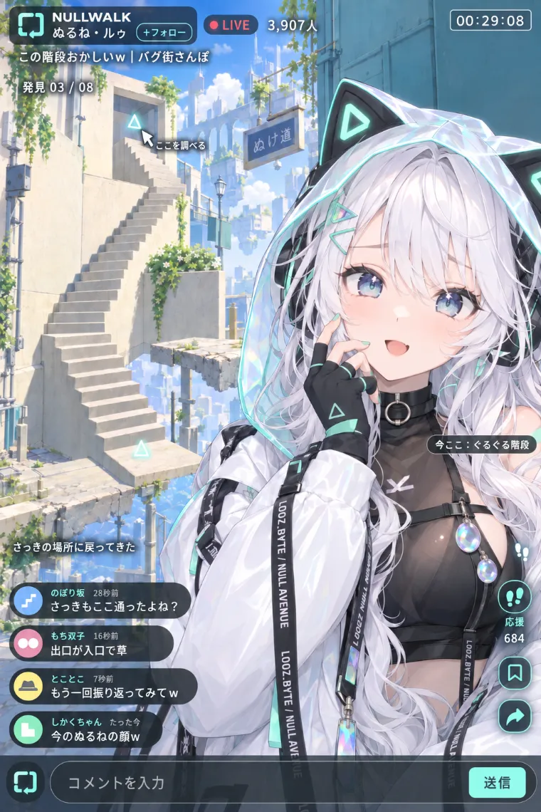 VTuber配信画面風AIイラスト｜白×ミントの猫耳サイバー衣装をシンプルにアレンジしたVTuberの配信画面