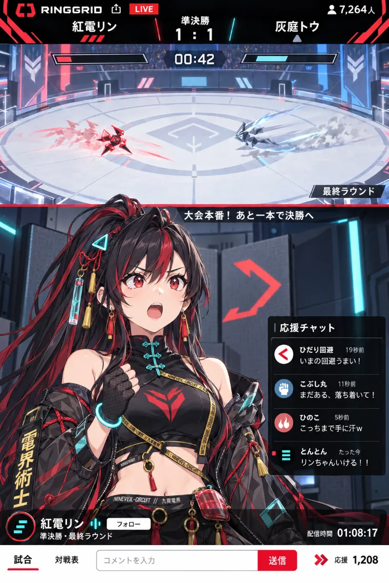 VTuber配信画面風AIイラスト｜黒×赤のチャイナサイバー衣装をシンプルにアレンジしたVTuberの配信画面