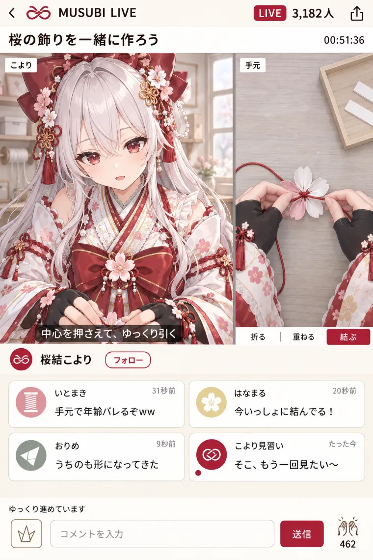VTuber配信画面風AIイラスト｜赤×白の華やか和ロリータ衣装をシンプルにアレンジしたVTuberの配信画面