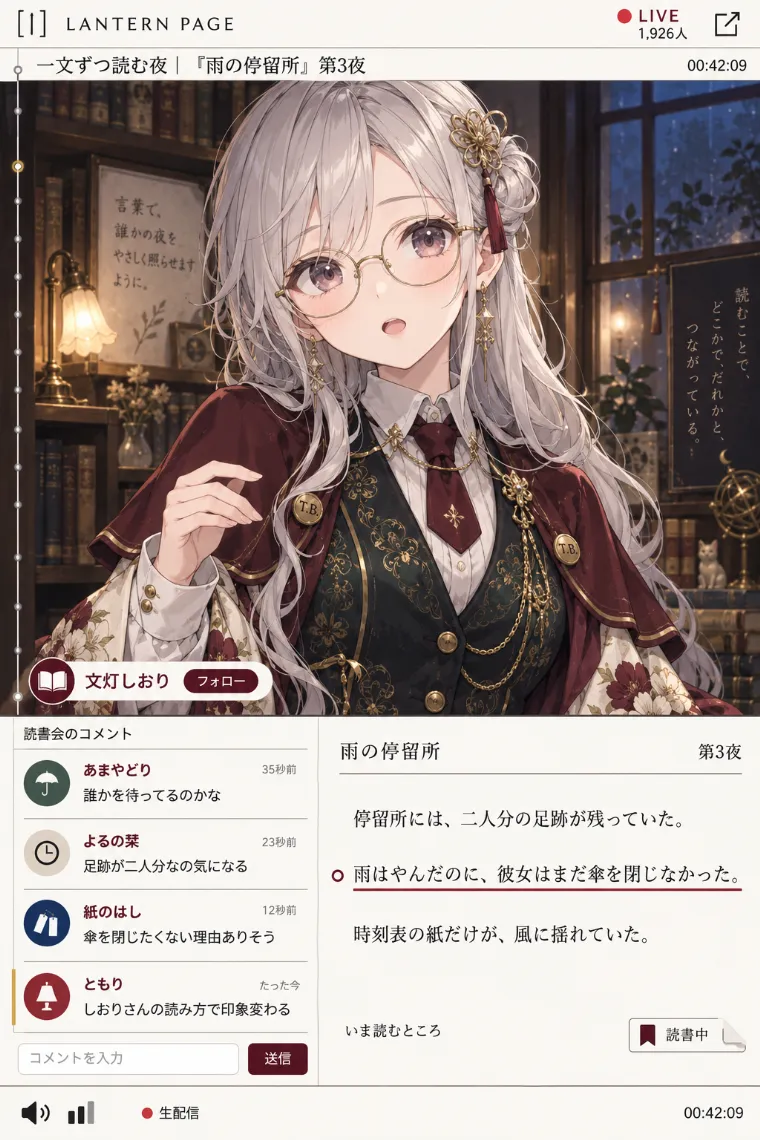 VTuber配信画面風AIイラスト｜深緑×バーガンディの和洋クラシカル衣装をシンプルにアレンジしたVTuberの配信画面