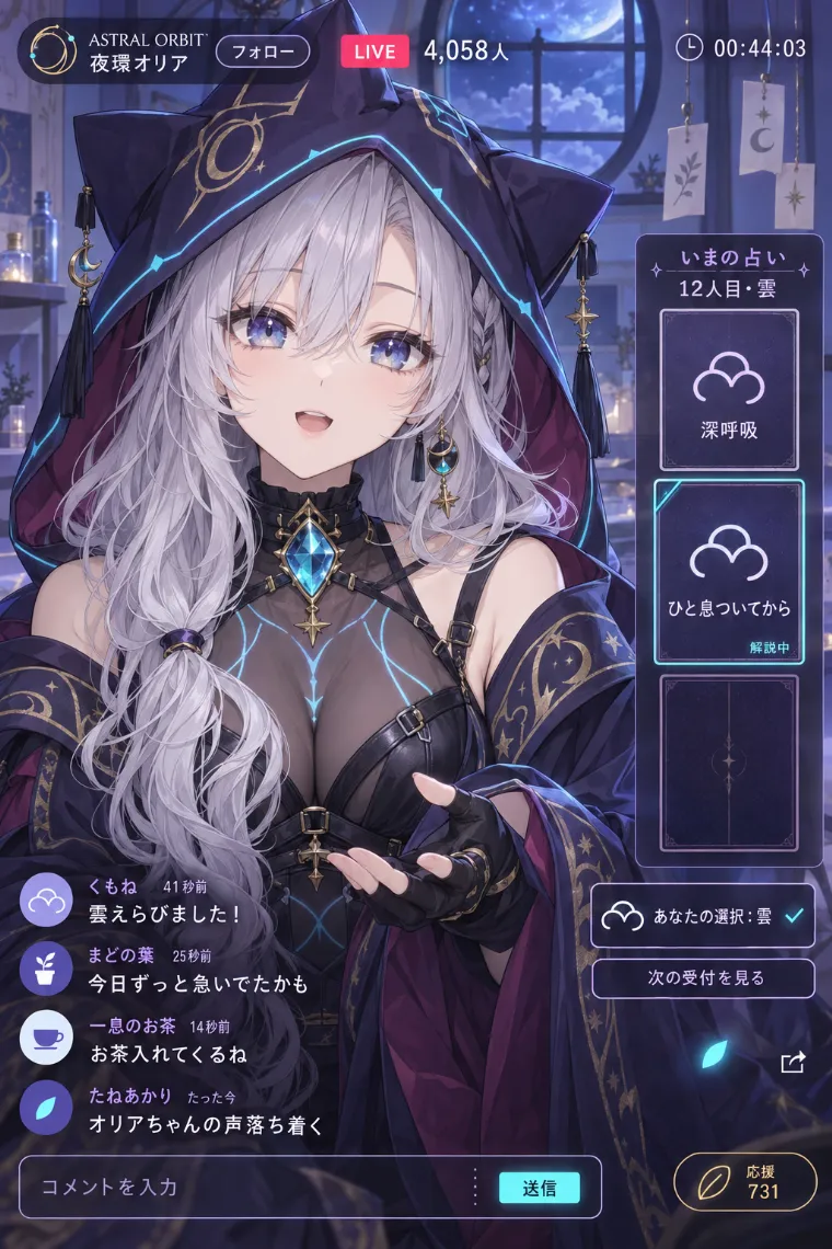 VTuber配信画面風AIイラスト｜ディープバイオレットの魔法使いサイバー衣装をシンプルにアレンジしたVTuberの配信画面