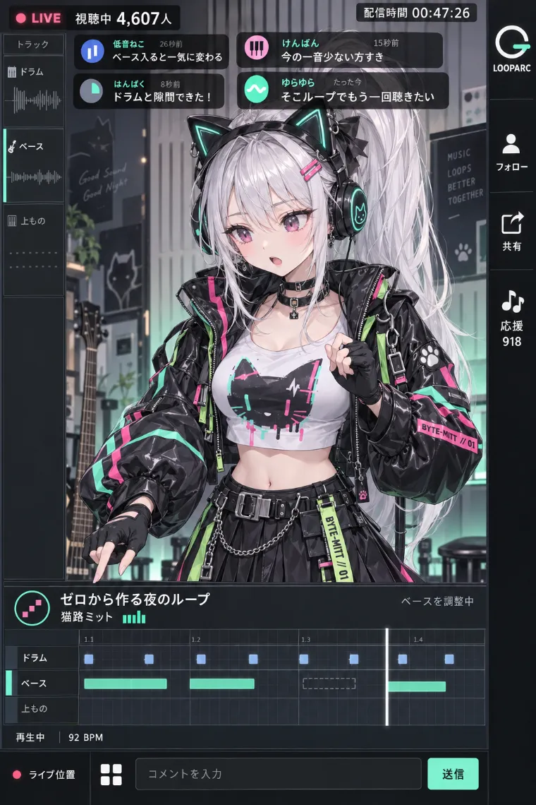 VTuber配信画面風AIイラスト｜黒×ネオンカラーの猫系サイバー衣装をシンプルにアレンジしたVTuberの配信画面