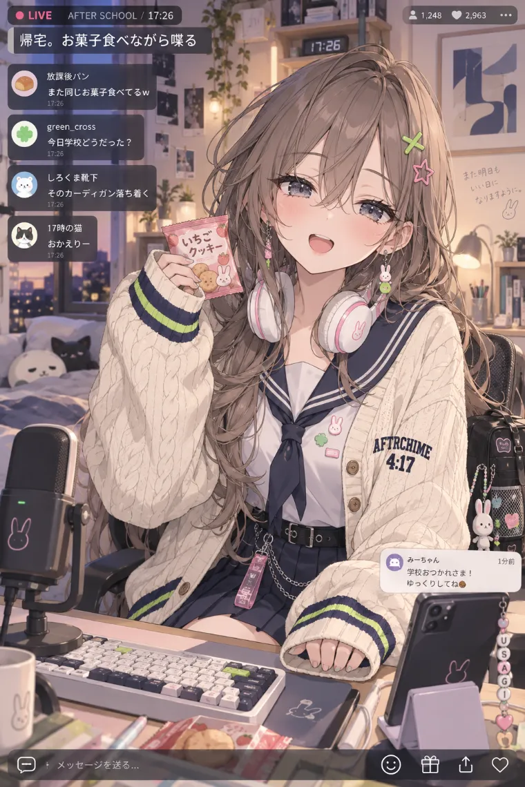 VTuber配信画面風AIイラスト｜クリーム×ネイビーのセーラーカジュアル衣装をシンプルにアレンジしたVTuberの配信画面