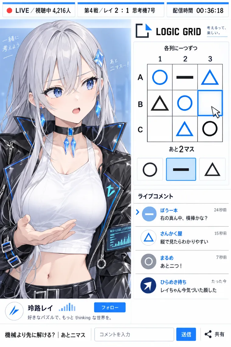 VTuber配信画面風AIイラスト｜黒×エレクトリックブルーのシャープサイバー衣装をシンプルにアレンジしたVTuberの配信画面