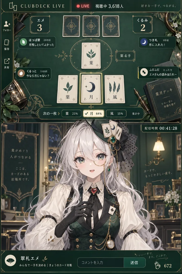 VTuber配信画面風AIイラスト｜エメラルド×黒のトランプクラシカル衣装をシンプルにアレンジしたVTuberの配信画面