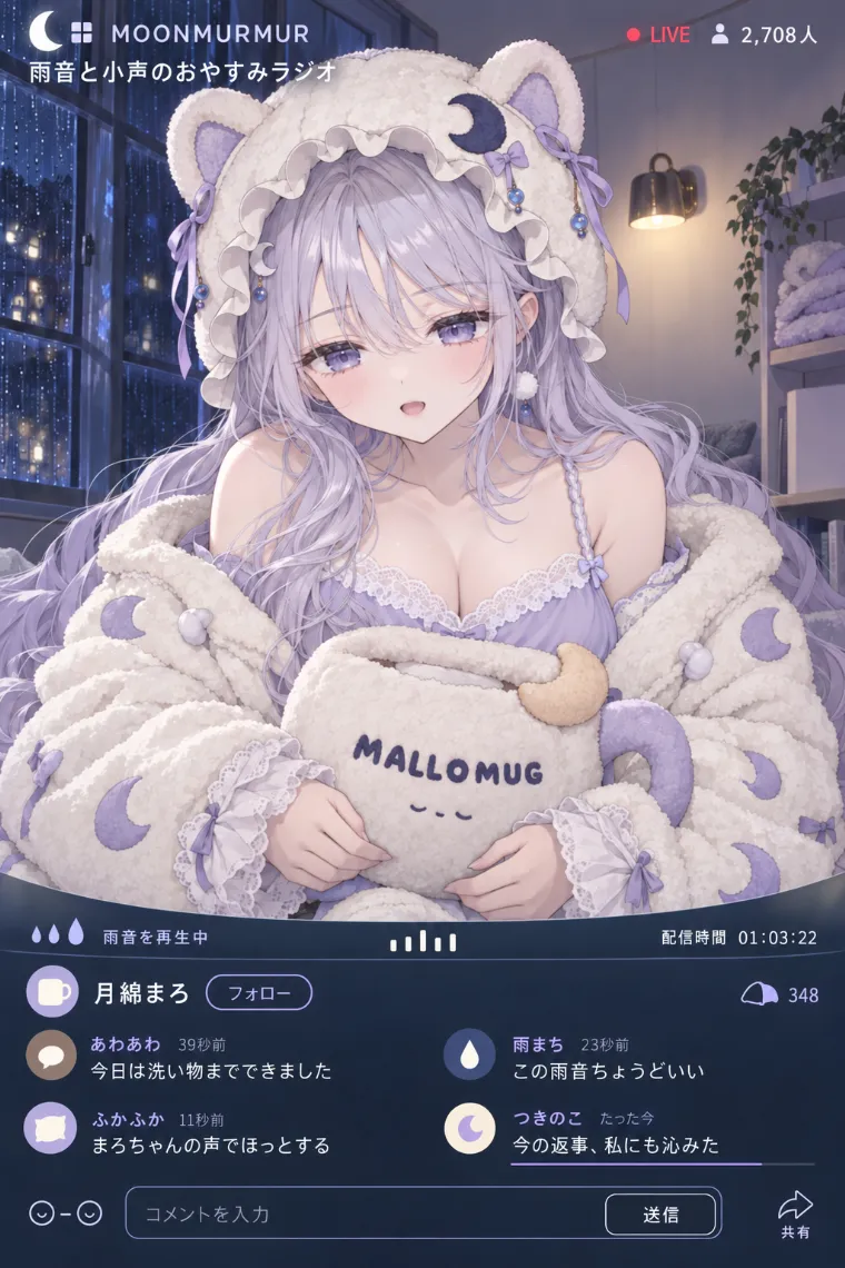 VTuber配信画面風AIイラスト｜クリーム×ラベンダーのルームウェア衣装をシンプルにアレンジしたVTuberの配信画面