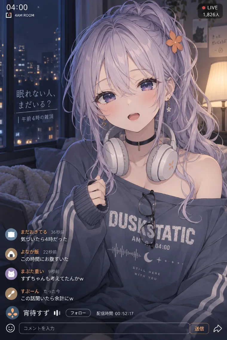 VTuber配信画面風AIイラスト｜ブルーグレーのオーバーサイズスウェット衣装をシンプルにアレンジしたVTuberの配信画面