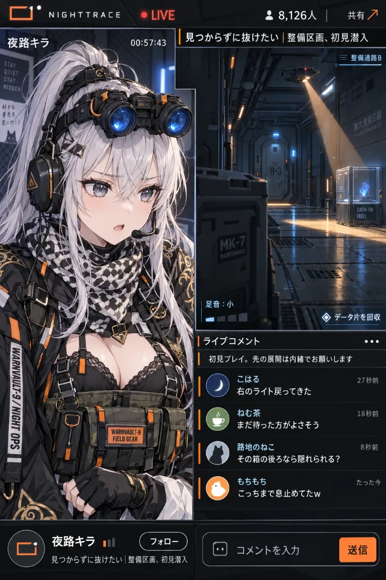VTuber配信画面風AIイラスト｜黒×カーキのタクティカル衣装をシンプルにアレンジしたVTuberの配信画面