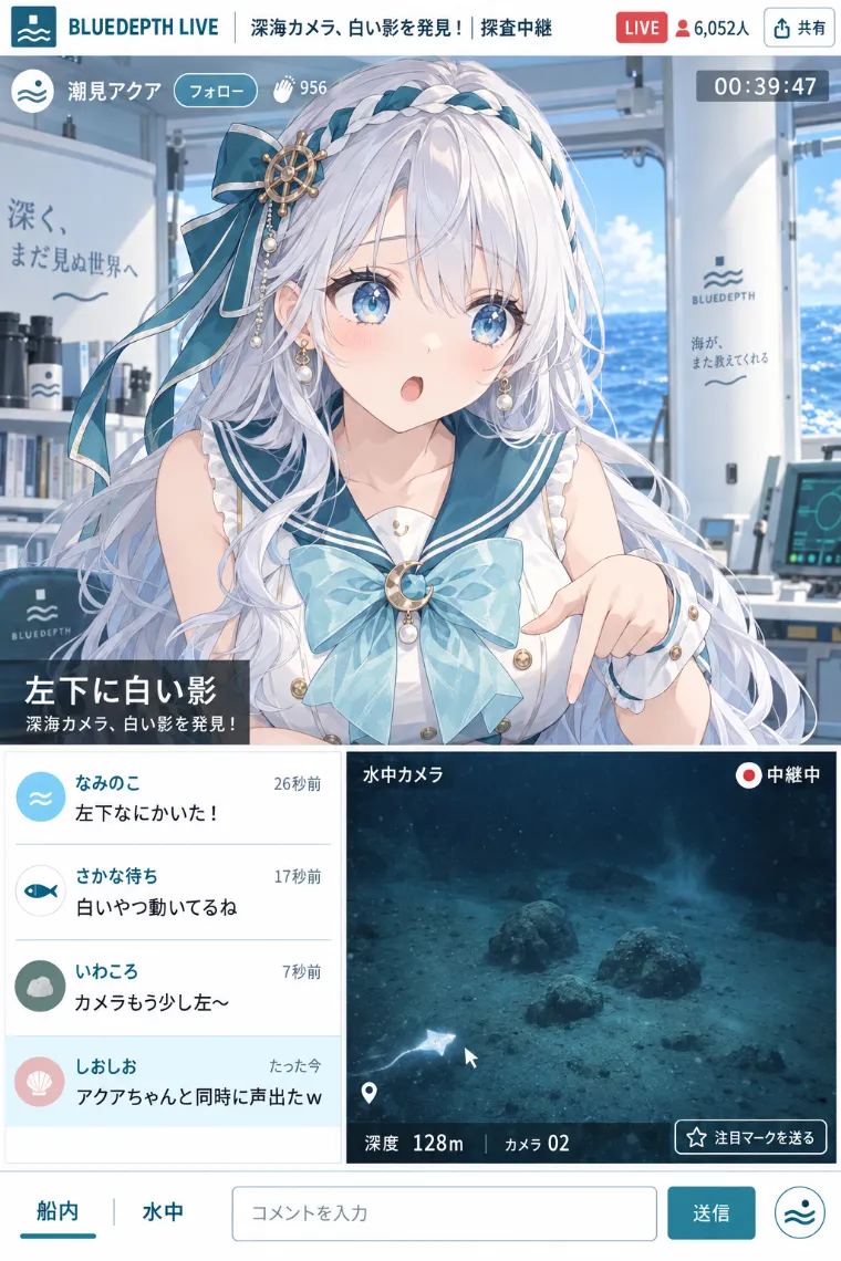 VTuber配信画面風AIイラスト｜ティール×アイボリーのマリンセーラー衣装をシンプルにアレンジしたVTuberの配信画面