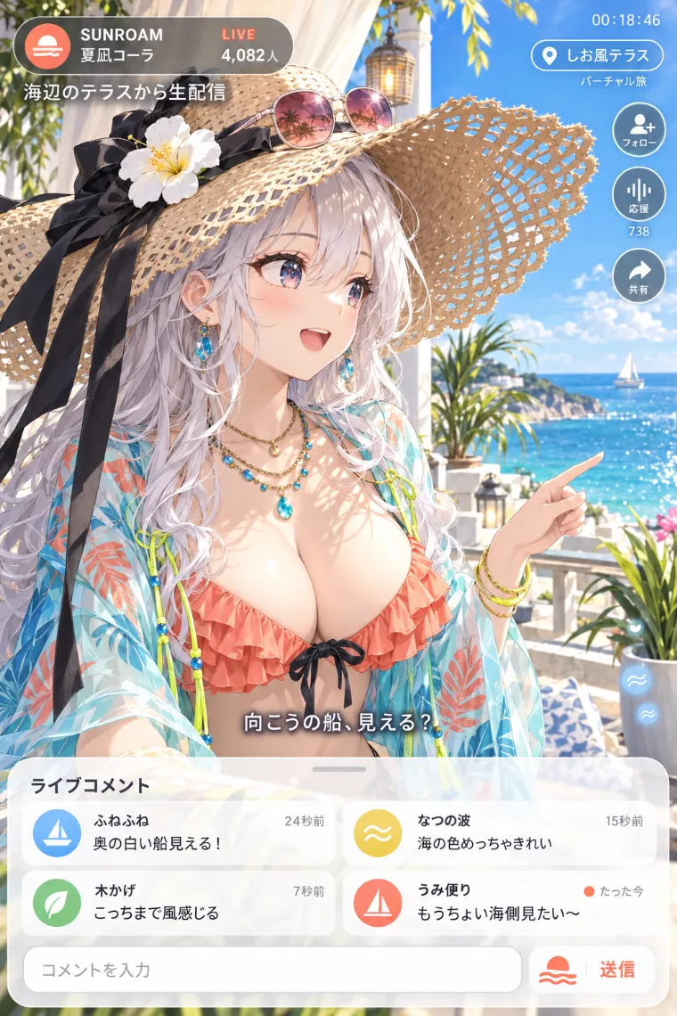 VTuber配信画面風AIイラスト｜アクア×コーラルのビーチリゾート衣装をシンプルにアレンジしたVTuberの配信画面