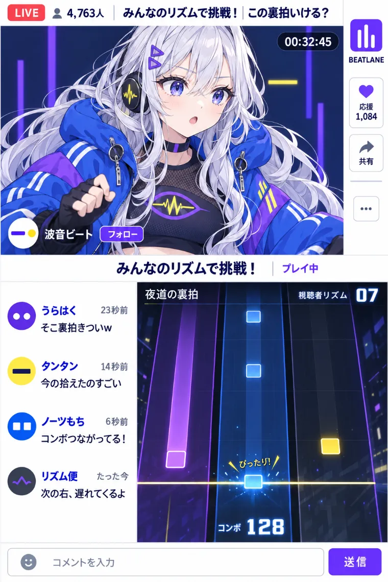 VTuber配信画面風AIイラスト｜コバルト×バイオレットのミュージックスポーツ衣装をシンプルにアレンジしたVTuberの配信画面
