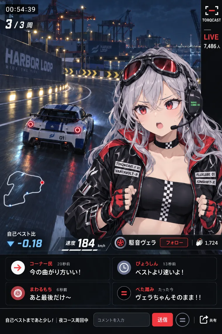 VTuber配信画面風AIイラスト｜黒×赤のレーシング衣装をシンプルにアレンジしたVTuberの配信画面