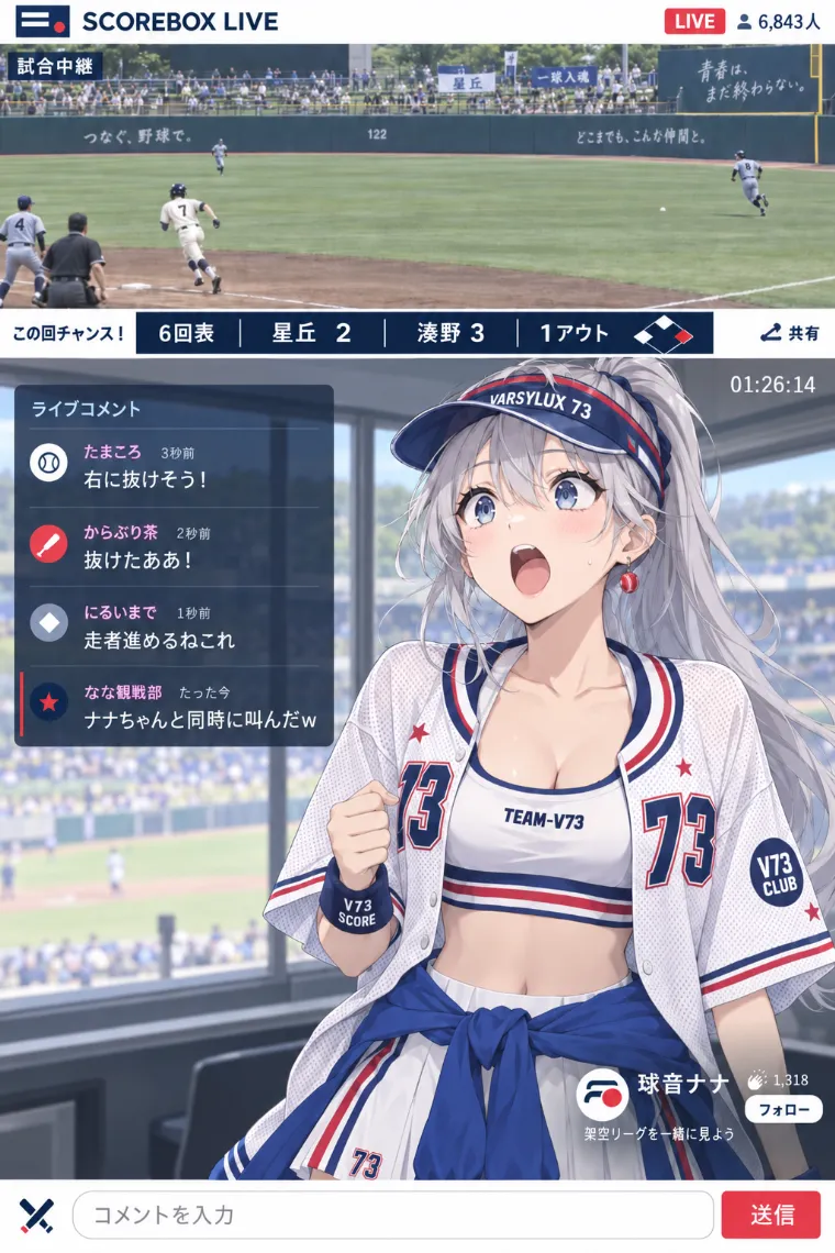 VTuber配信画面風AIイラスト｜白×ネイビー×赤のベースボール衣装をシンプルにアレンジしたVTuberの配信画面