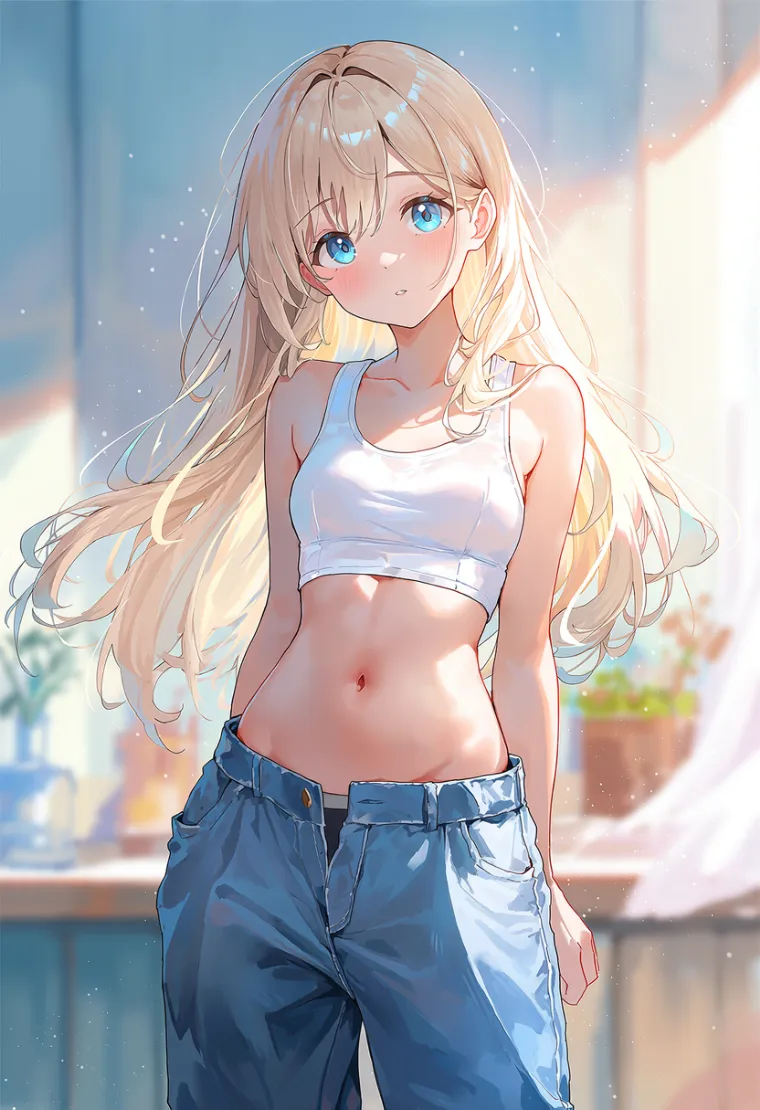 パンツのウエストと腰の間に隙間ができた女性のAIイラスト