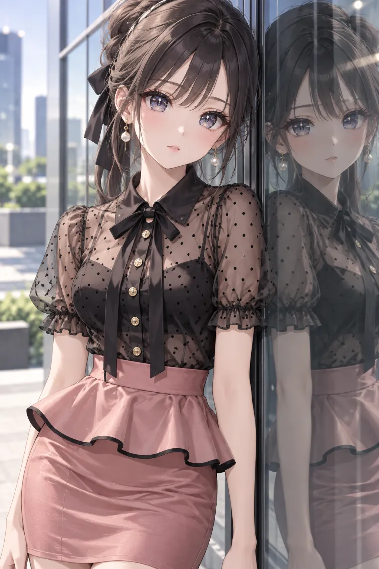 AIイラスト版｜ガラス壁に肩を預けて立つポーズ｜壁を使った女の子のポーズ