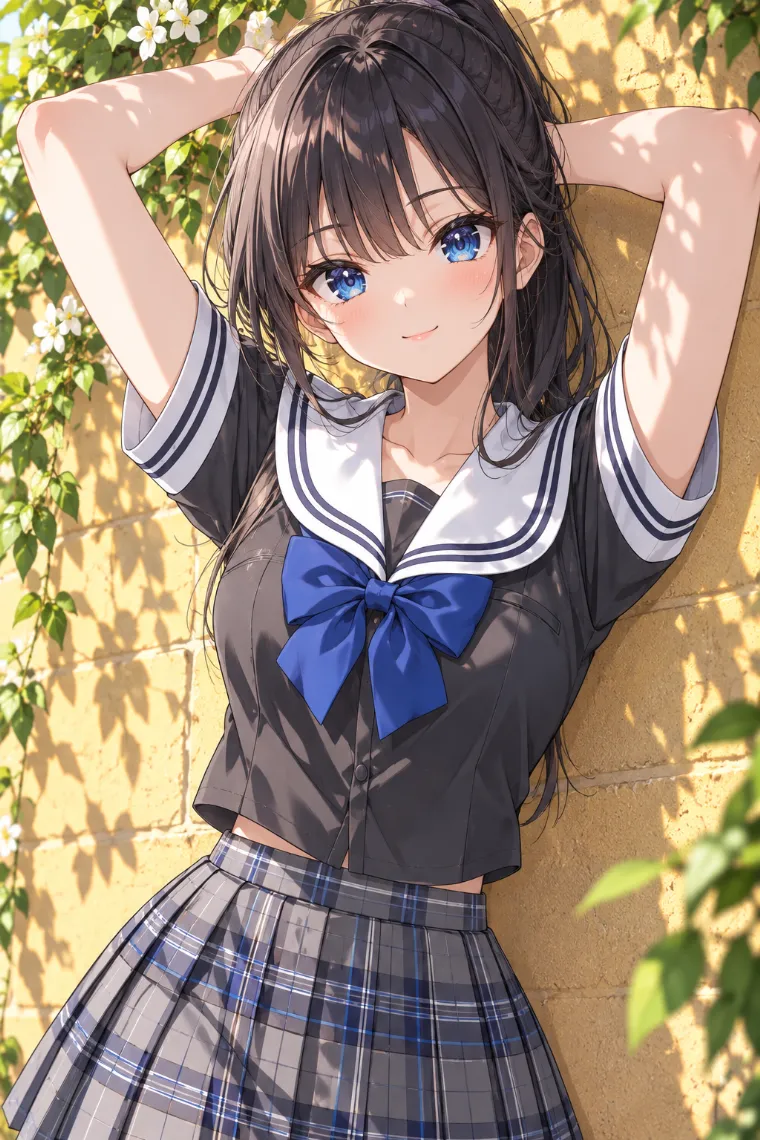 AIイラスト版｜壁にもたれて両手を後頭部に添えるポーズ｜壁を使った女の子のポーズ
