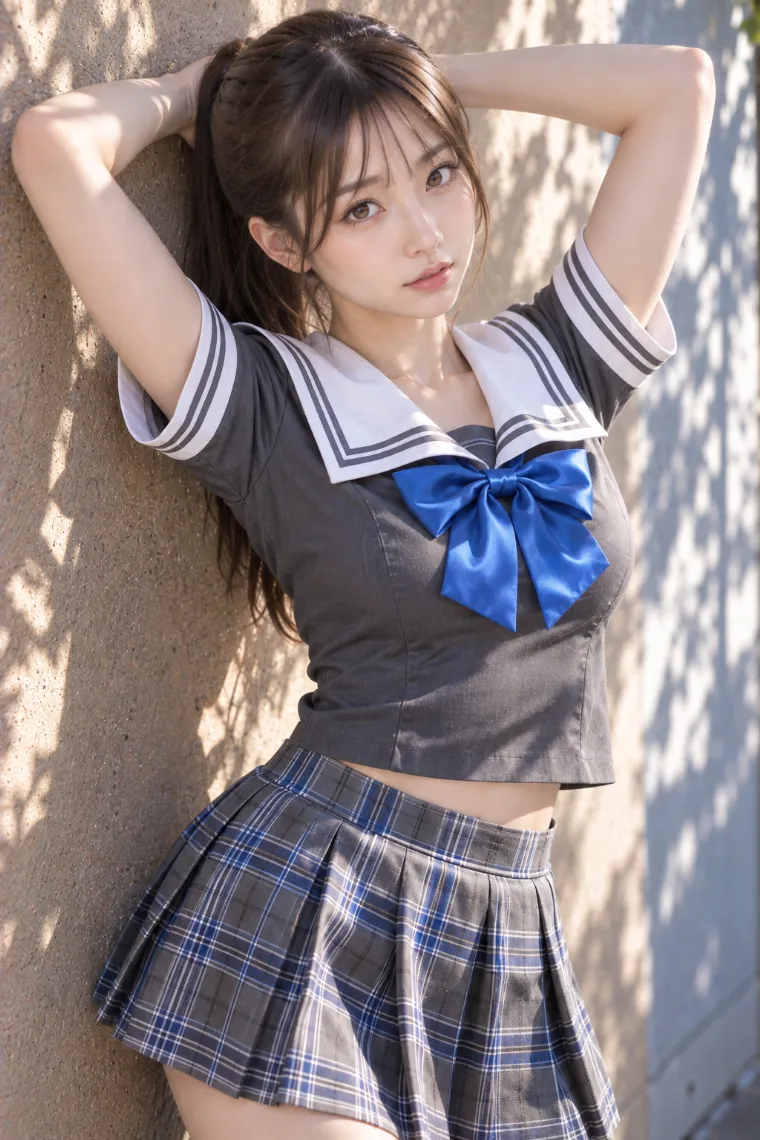 実写AI版｜壁にもたれて両手を後頭部に添えるポーズ｜壁を使った女の子のポーズ